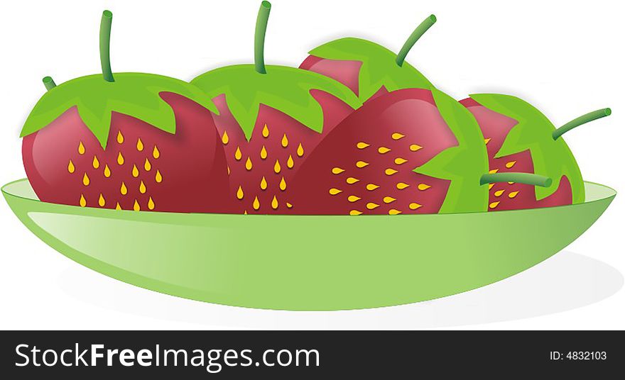 This drawn ripe strawberries on green saucer on white background. This drawn ripe strawberries on green saucer on white background.