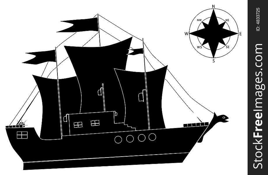 A white and black ship and a compass. A white and black ship and a compass