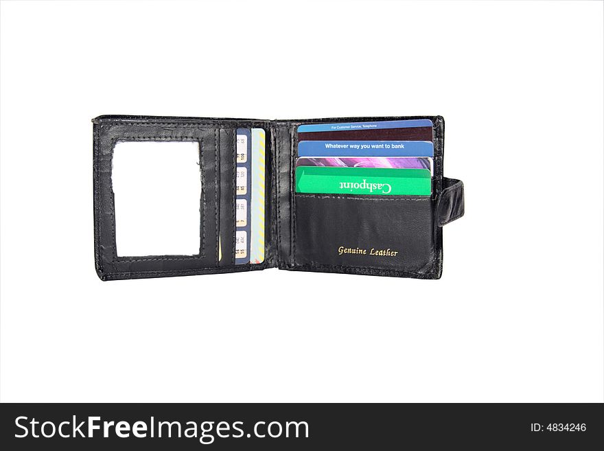 Leather wallet with some credit cards (made up fake cards ) with a clipping path