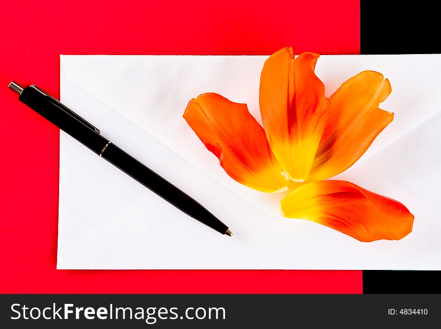 Petals, pen and an envelope on a red background