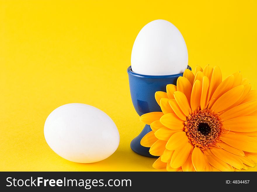 Yellow flower and two white eggs on a yellow background