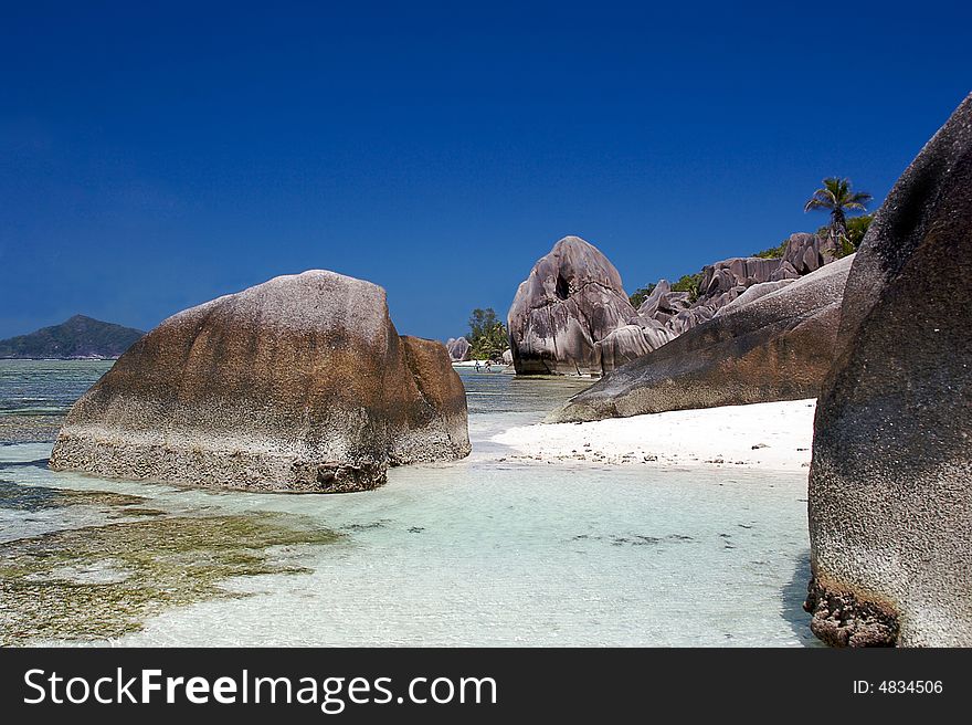 Great stones on the beach of theLa Digue island