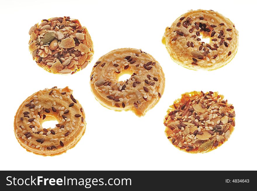 Five grain healthful cakes, cookies isolated white background