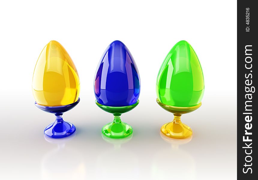 Three Glass Easter eggs  isolated  on a neutral background (3D rendering)