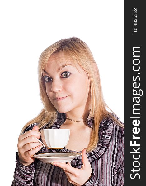 Girl on the white fon with cup of coffee in the hands. Girl on the white fon with cup of coffee in the hands