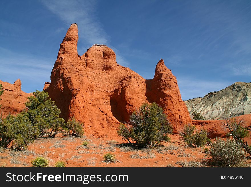 View of the red rock formations in Kodachrome Basin with blue skys