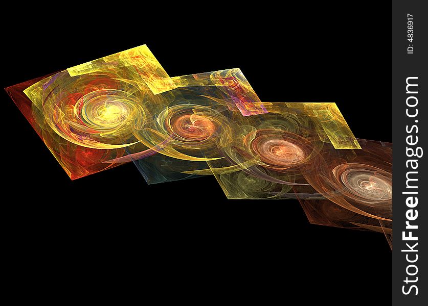 A set of flying fractal squares with swirls like spiral galaxies inside. A set of flying fractal squares with swirls like spiral galaxies inside.