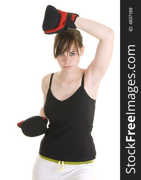 Teenage girl with black and white outfit, wearing boxing gloves, in various positions for boxing or martial arts. Teenage girl with black and white outfit, wearing boxing gloves, in various positions for boxing or martial arts.