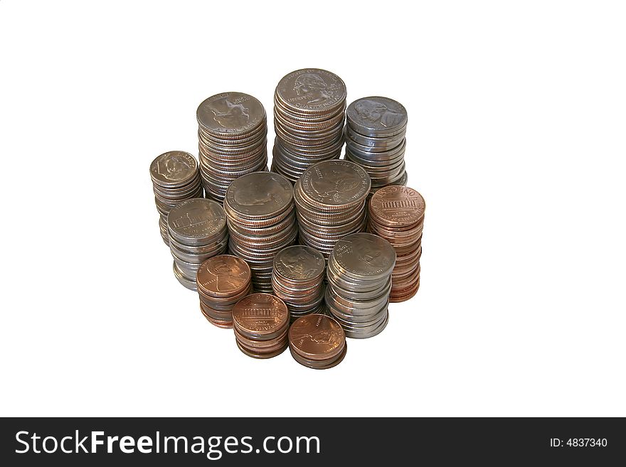 Stacks of quarters, nickels, pennies, and dimes. Stacks of quarters, nickels, pennies, and dimes.