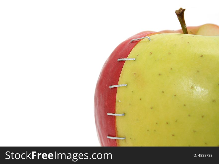 A red and a green apple stapled together. A red and a green apple stapled together