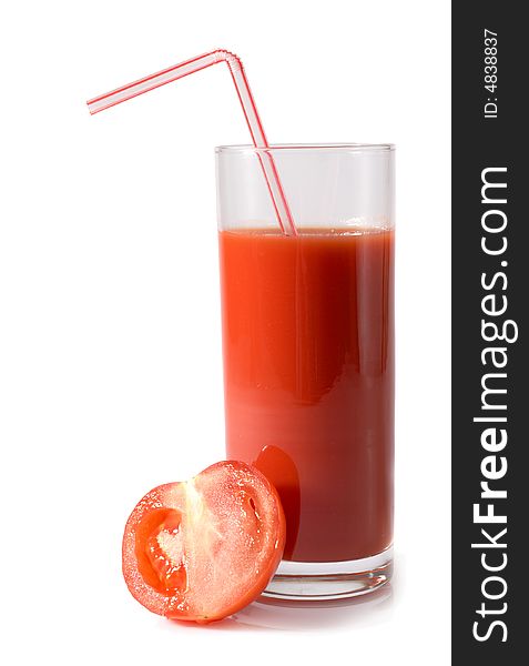 Tomatoes and juice on a white background