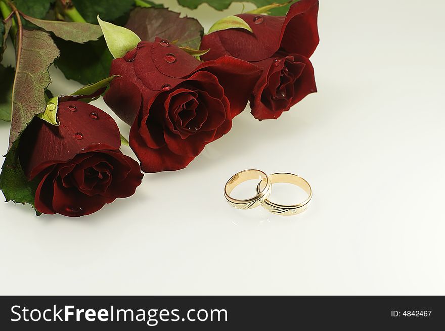 Tree red roses with two wedding rings as a wedding background