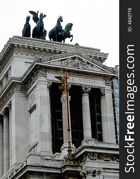 Horse statues and the front columns in the Piazza Campiodoglio in Rome, Italy