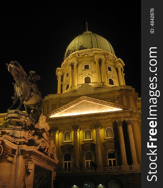 Center part of Buda Castle Palace with equestrian statue of Prince Eugene of Savoy by night. Center part of Buda Castle Palace with equestrian statue of Prince Eugene of Savoy by night.