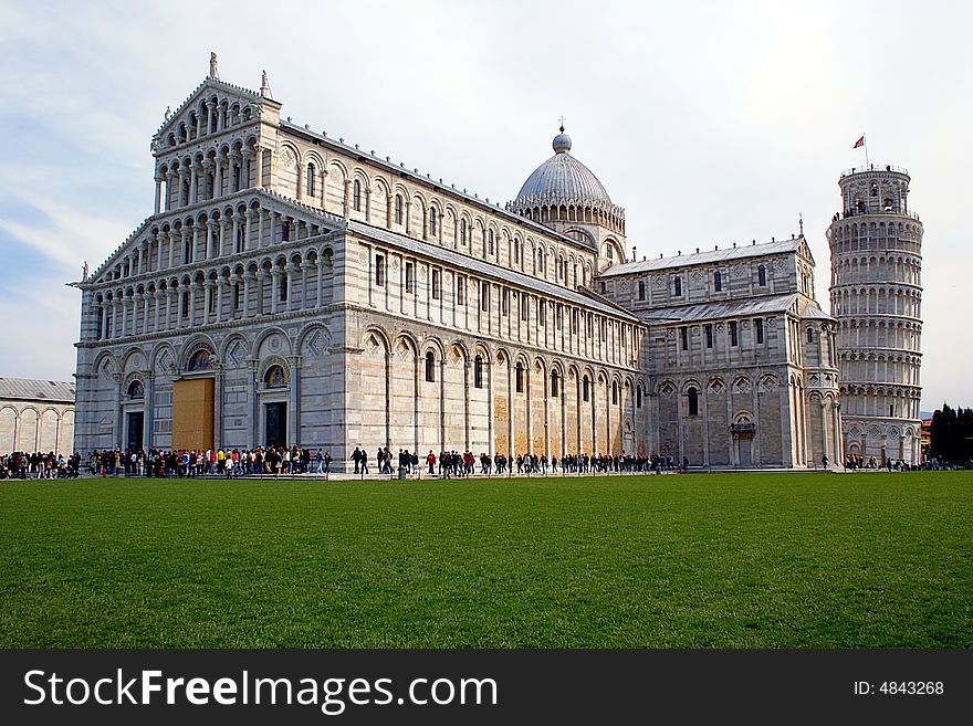 The church and leaning tower in the Pisa Courtyard in Pisa, Italy