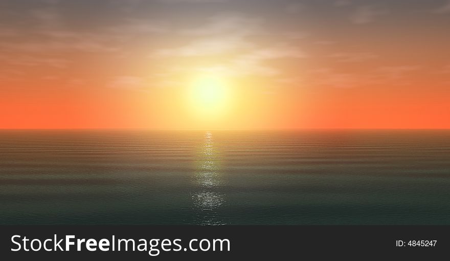 3-d illustration of sunset in ocean. 3-d illustration of sunset in ocean.