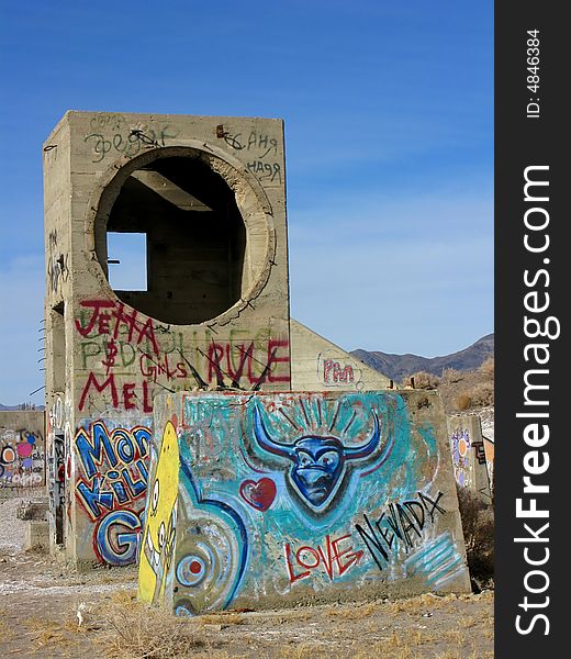 Image of some abandoned concrete structures covered with graffiti - northern Nevada. Image of some abandoned concrete structures covered with graffiti - northern Nevada