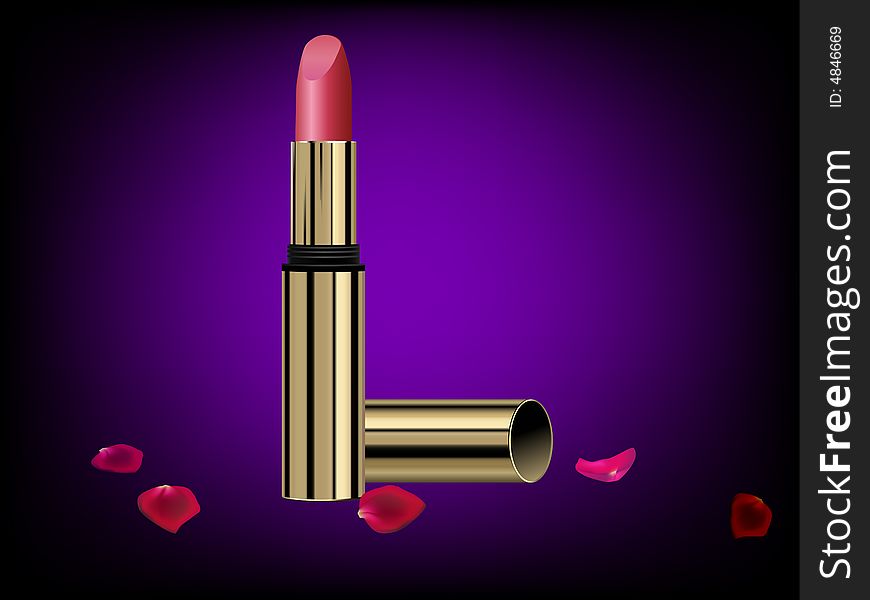 Lipstick with golden tube and pink petals. Lipstick with golden tube and pink petals.