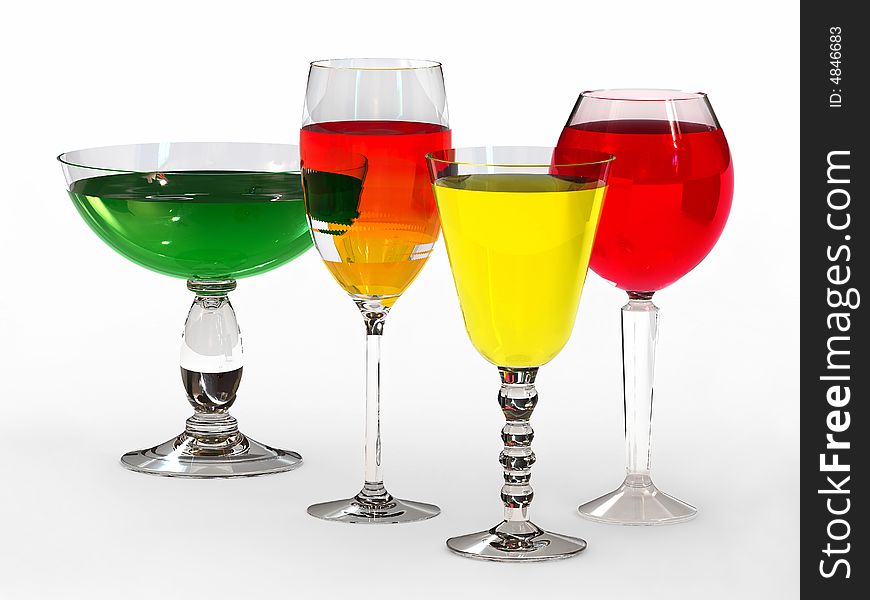 Four tall wine glasses on white background, varicoloured drink.