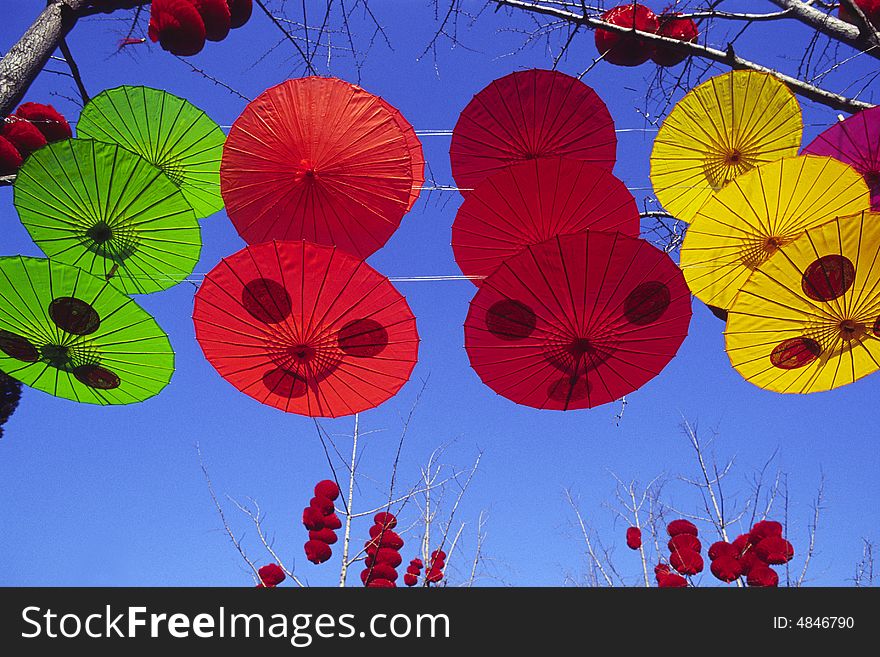 Colorful umbrellas in the carnival, hanging in the tree against blue sky