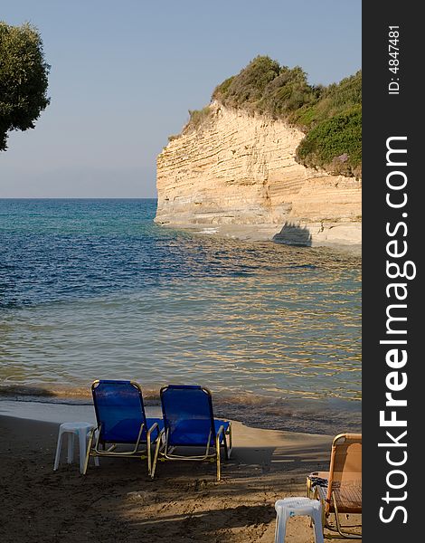 Blue beach seats at Love Channel - Sidari (Corfu island)