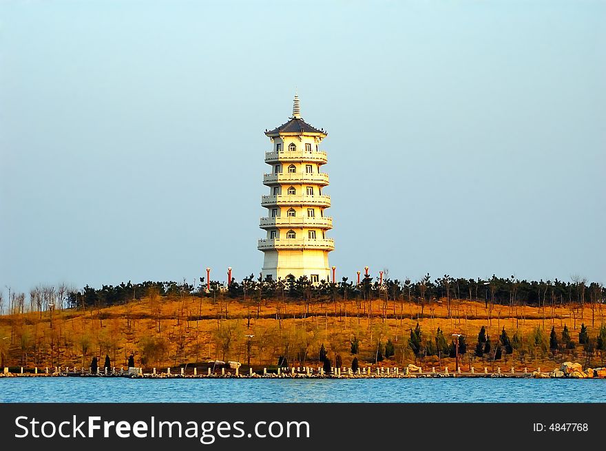 Chinese pagoda building on a small island