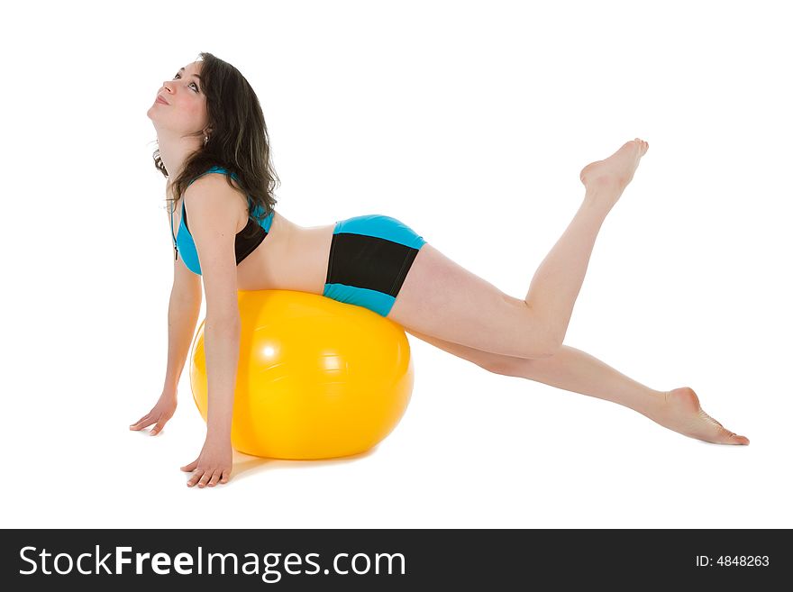 Girl practicing fitness on white background