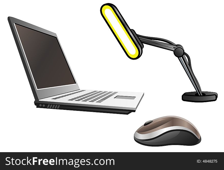 Laptop with a mouse shined by a desk lamp. Laptop with a mouse shined by a desk lamp