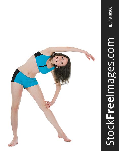 Girl practicing fitness  on  white  background