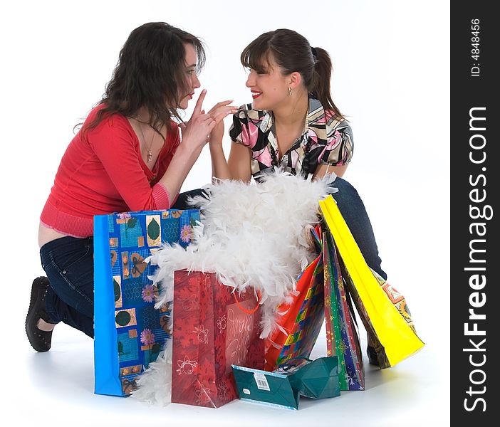 Expressive girls  on white background  shopping. Expressive girls  on white background  shopping