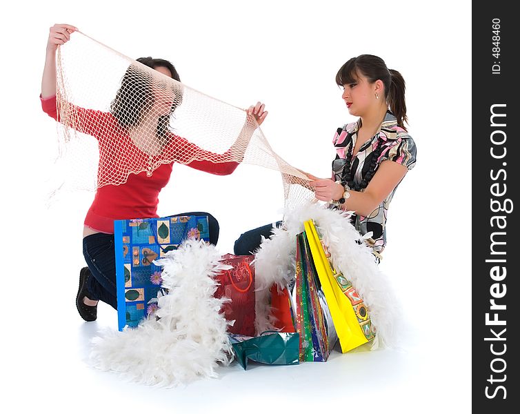 Expressive girls on white background shopping. Expressive girls on white background shopping