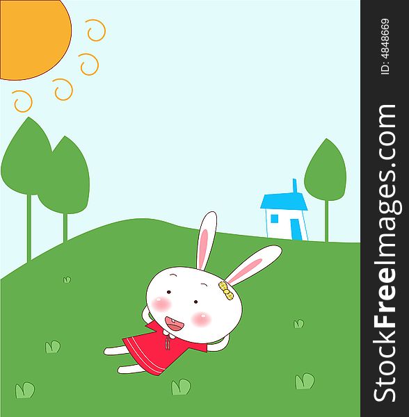 Cute rabbit ,house and sun