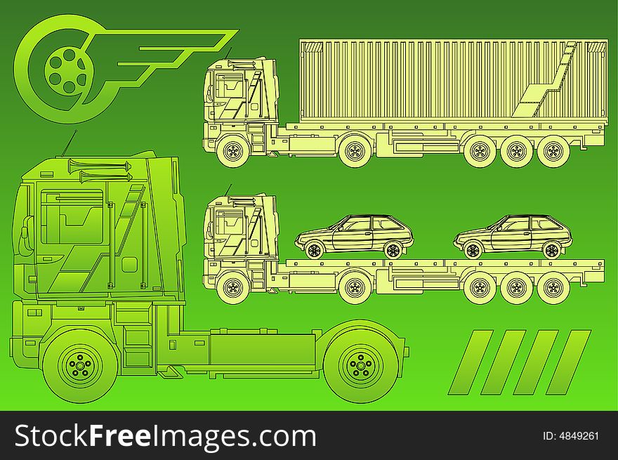 Vector car on trailer, transports machines, illustration in green. Vector car on trailer, transports machines, illustration in green