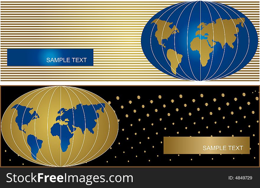 Banner with globe in gold, blue and white