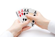 Playing Cards - Hand Of Four Aces And Jocker Stock Images