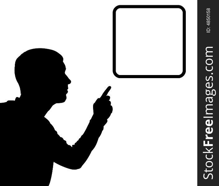 Illustrated silhouette of a man pointing at a square