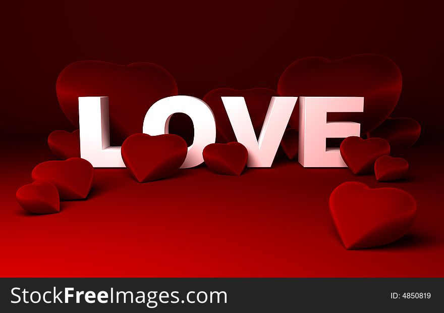 Three dimensional illustration of hearts and LOVE text made with white solid letters on red background.