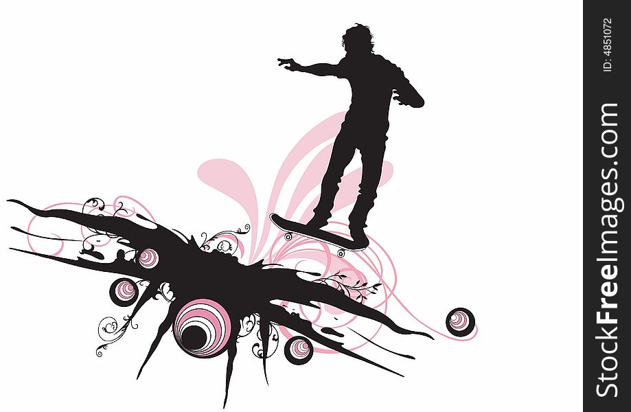 Illustration of a skateboarder and grungy patterns