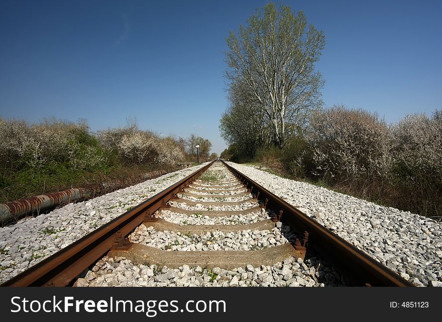 Railroad tracks vanishing into horizon