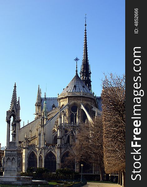 Back facade of Notre Dame de Paris - main cathedral of France