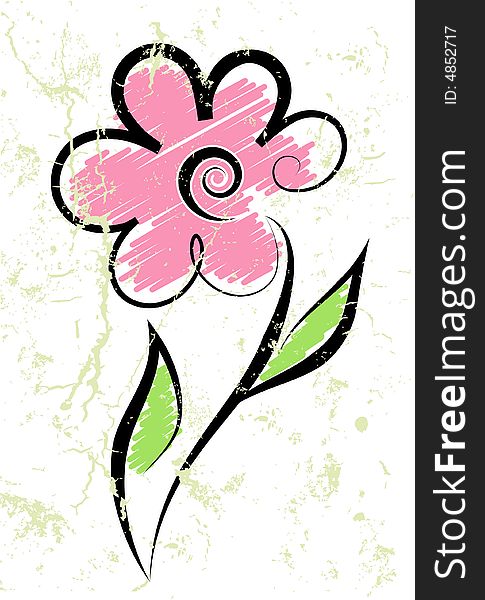 Pink flower with two green leaves on a spotty background. Pink flower with two green leaves on a spotty background