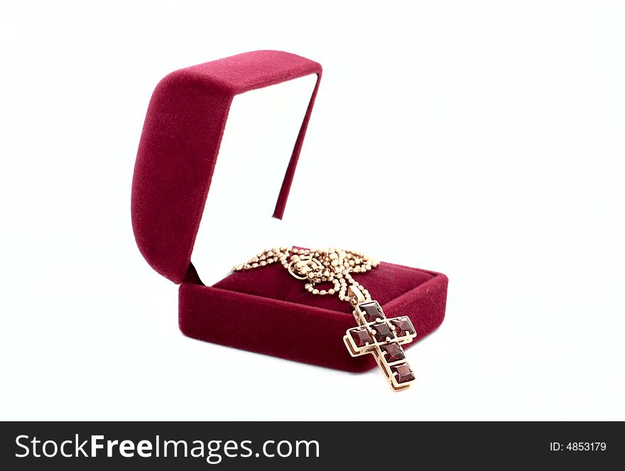 Jeweller ornament in  red box, on  white background