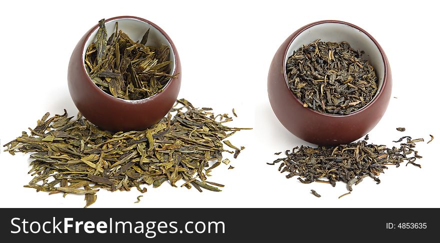 Cups of dried green tea leaves with cup of tea. Cups of dried green tea leaves with cup of tea