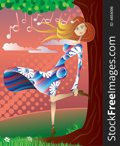 The girl who can be seen on the picture leans against the tree.Shes hair flutters in the wind. The girl who can be seen on the picture leans against the tree.Shes hair flutters in the wind