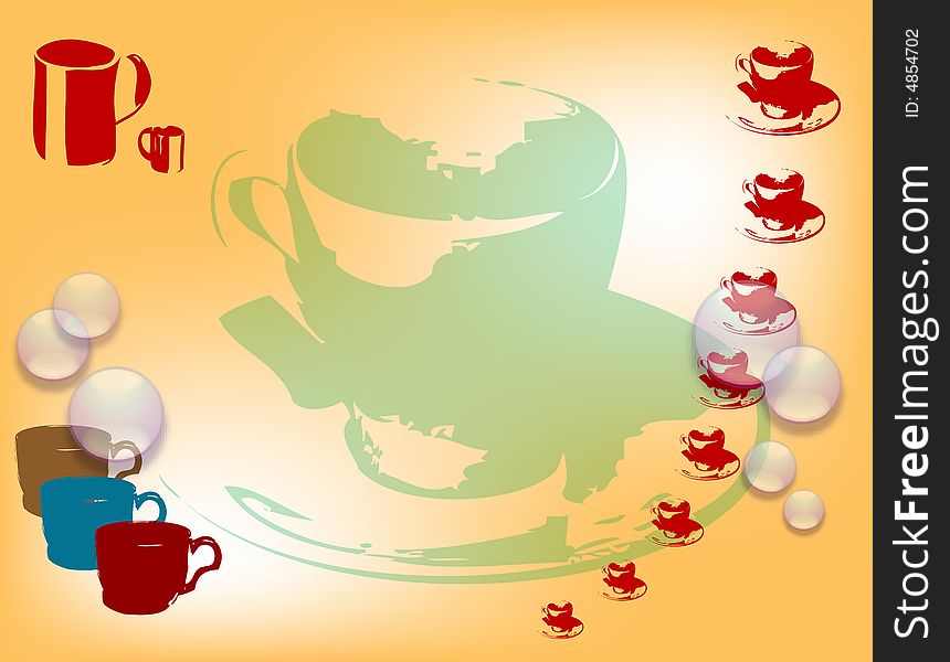 Abstract colored illustration with bubbles and red coffee cups