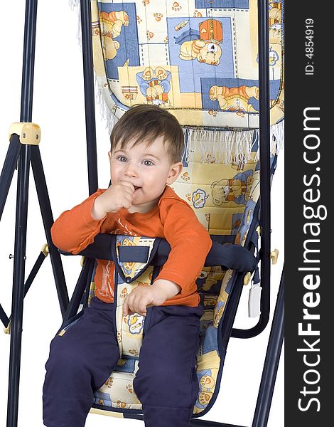 Smiling boy on swing  isolated on white background