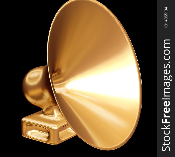 Gold loudspeaker on a black background.