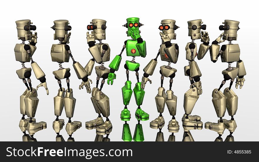Confused robot group green bot in center