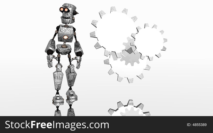 Robot with gear logo pose 2. Robot with gear logo pose 2