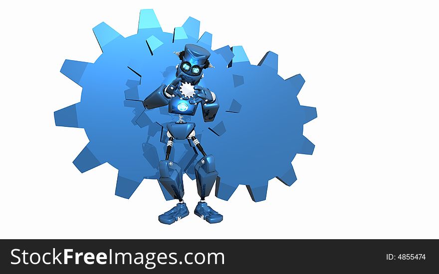 Cgi render of robot playing with gear